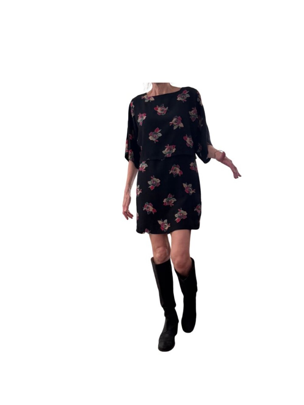 No. 6 Store Silk Popover Shift Mini Dress - Black Floral Print - Size M